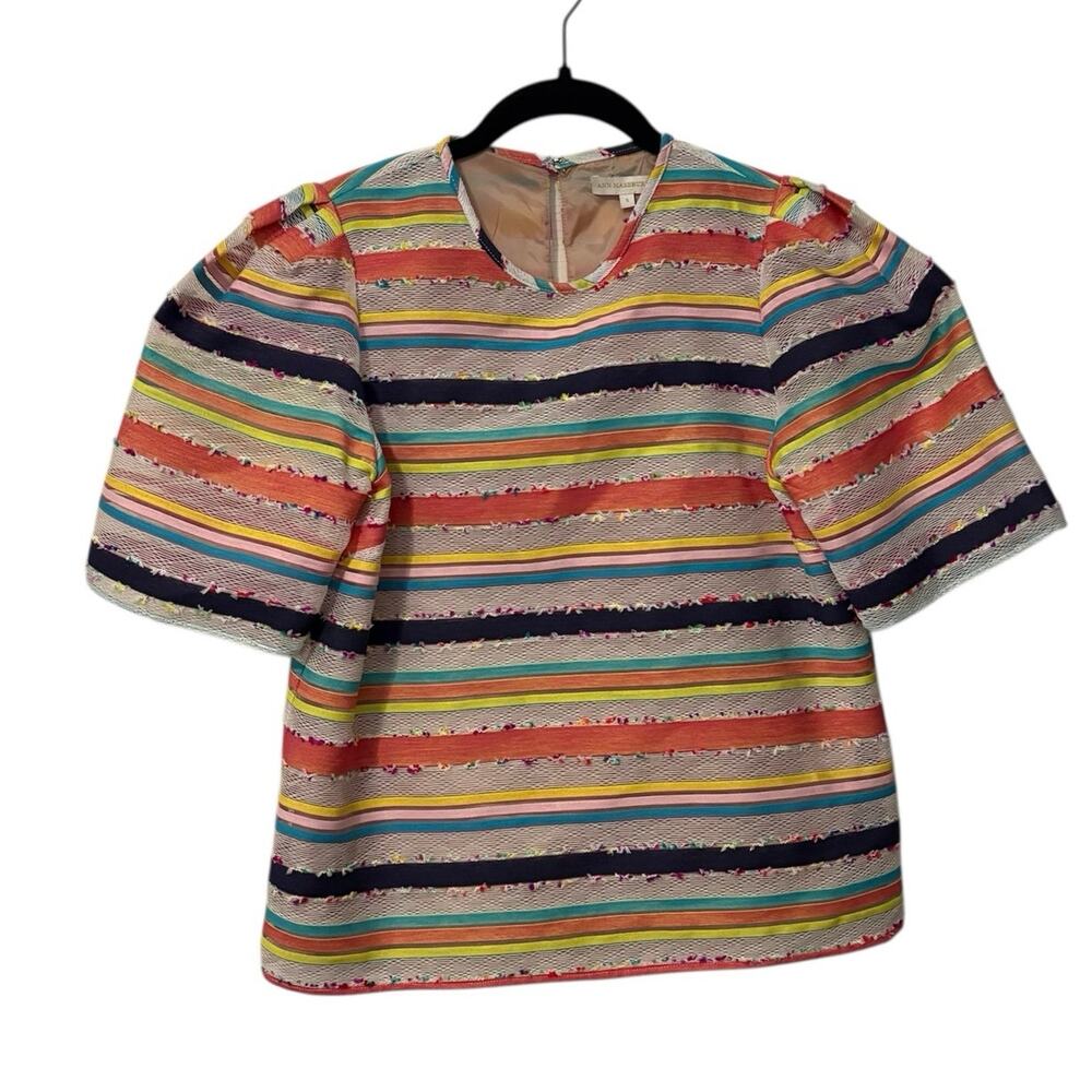 Ann Mashburn White Pink Multi Color Striped Poplin Puff Blouse Top Size Small